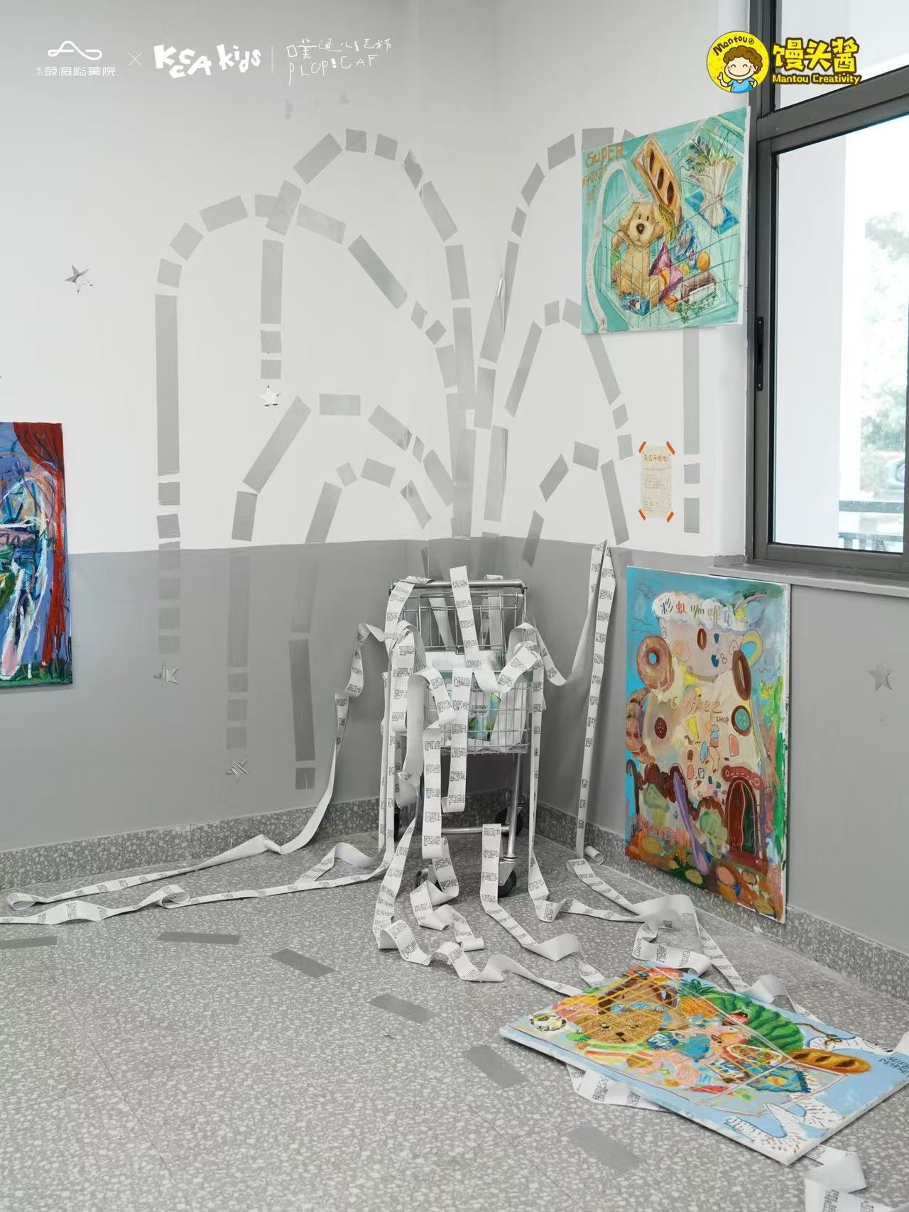 Corner installation with artworks and paper trails