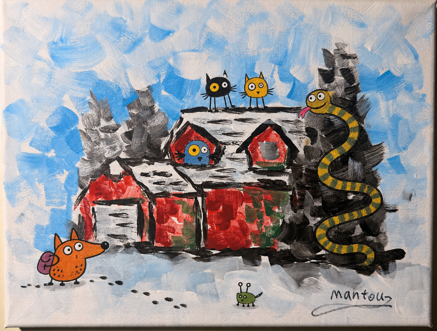 Acrylic painting of a house with cats, birds, and a winding creature