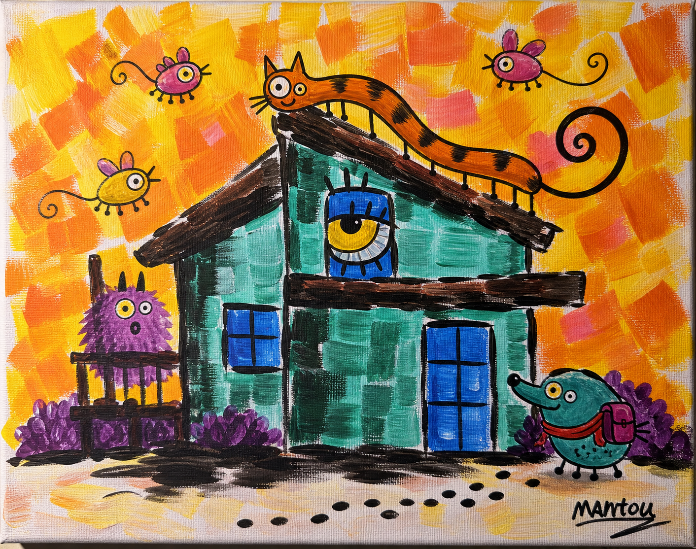 Acrylic painting of a green house with a long cat and colorful flying creatures