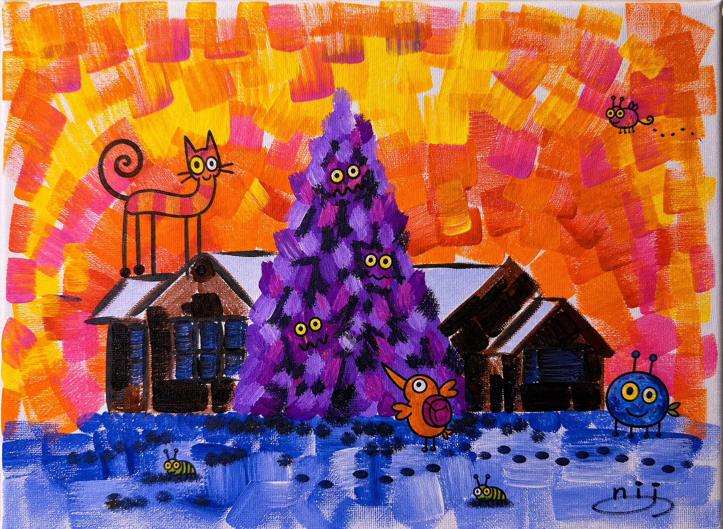 Acrylic painting with orange sky, purple tree, small houses, and colorful creatures