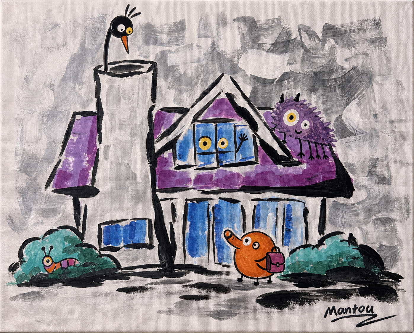 Acrylic painting of a purple-roof house with funny creatures