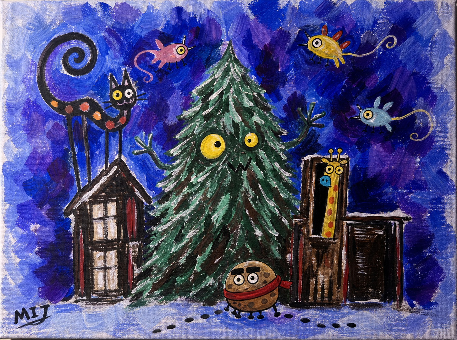 Acrylic painting of a snowy night tree with playful creatures