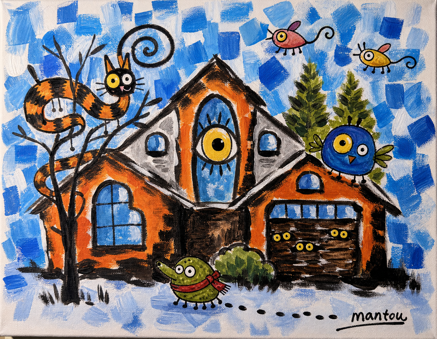 Acrylic painting of an orange house with blue patterned sky