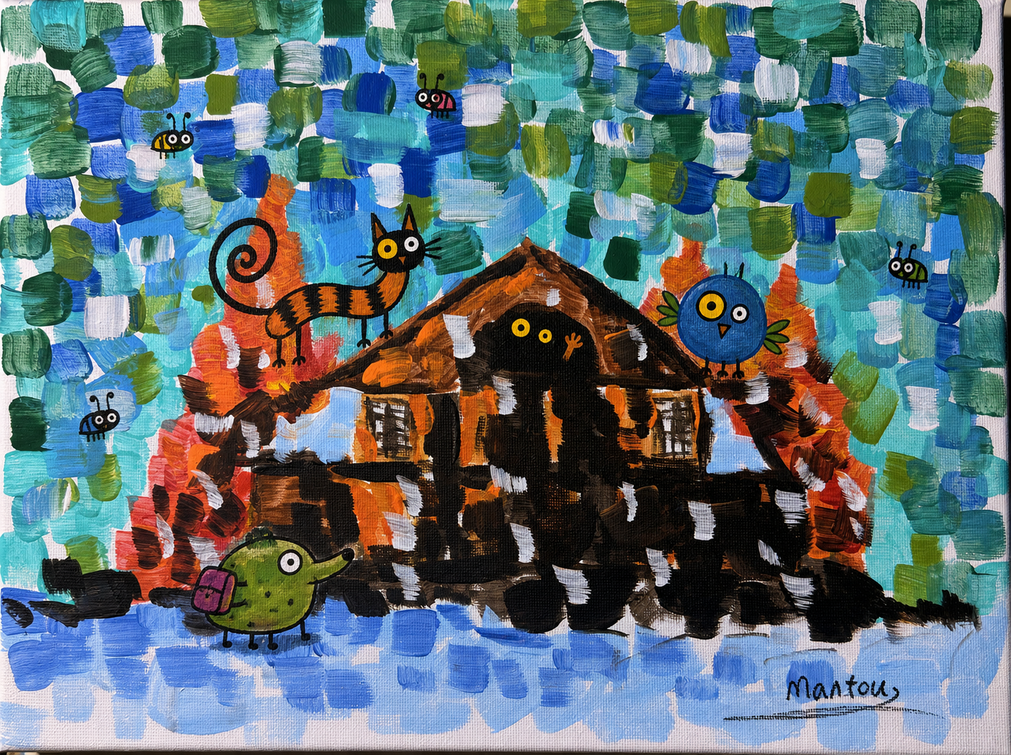 Acrylic painting of a textured house with green and blue background