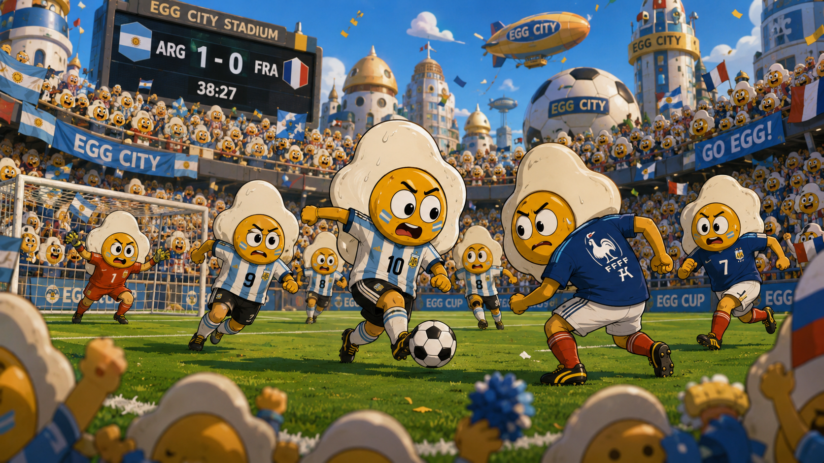 Fried egg characters playing football in Egg City Stadium