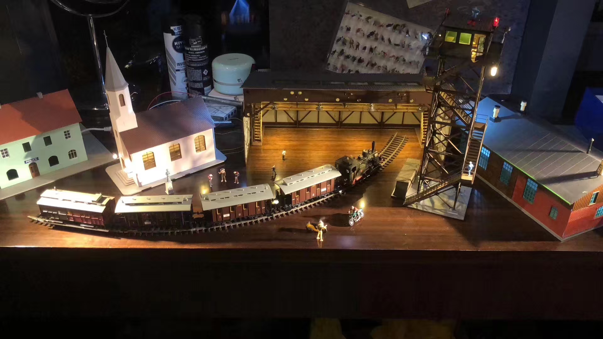 Wide miniature railway station world with lights