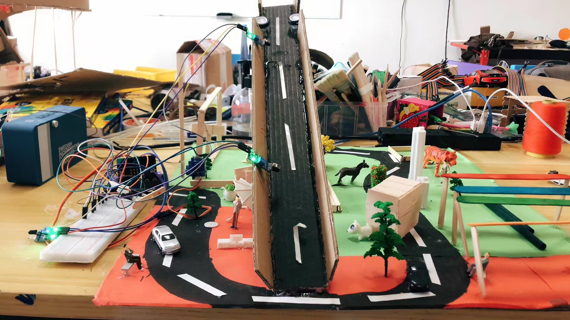 Handmade city bridge prototype with wires and lights