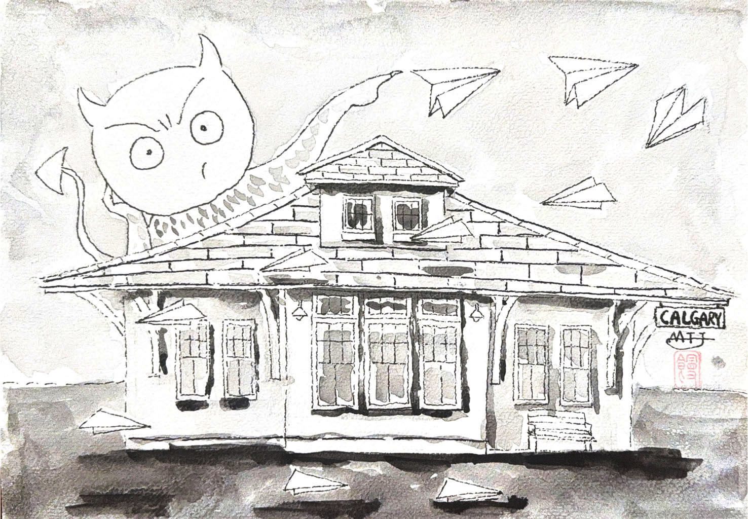 Black-and-white watercolor drawing of a house with paper planes