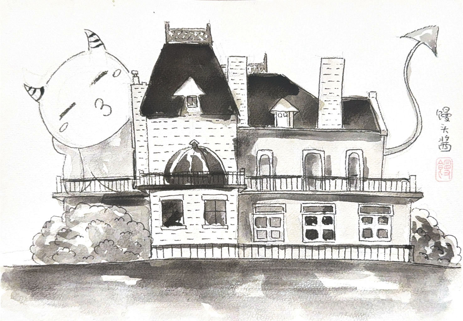 Black-and-white watercolor drawing of a house and sleepy character