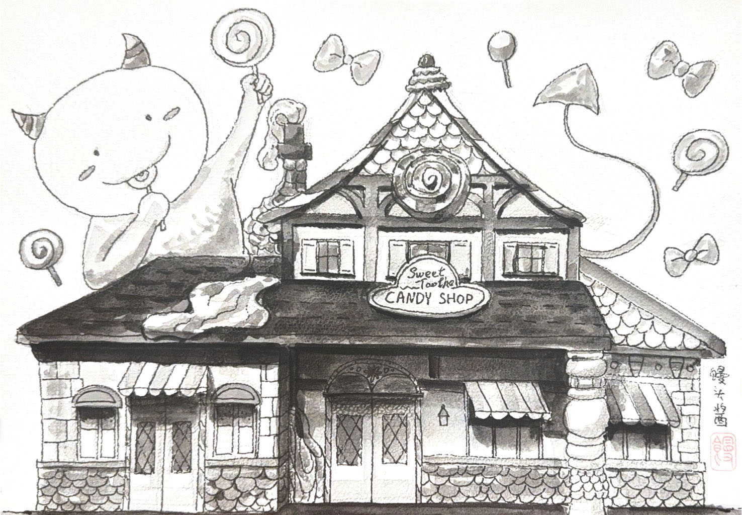 Black-and-white watercolor drawing of Calgary skyline and character