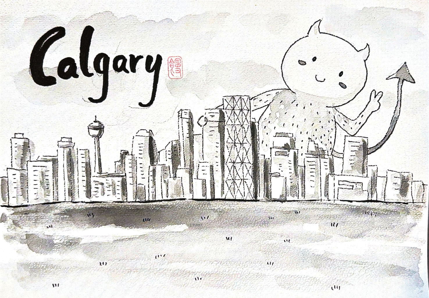 Black-and-white watercolor drawing of a candy shop with a playful character