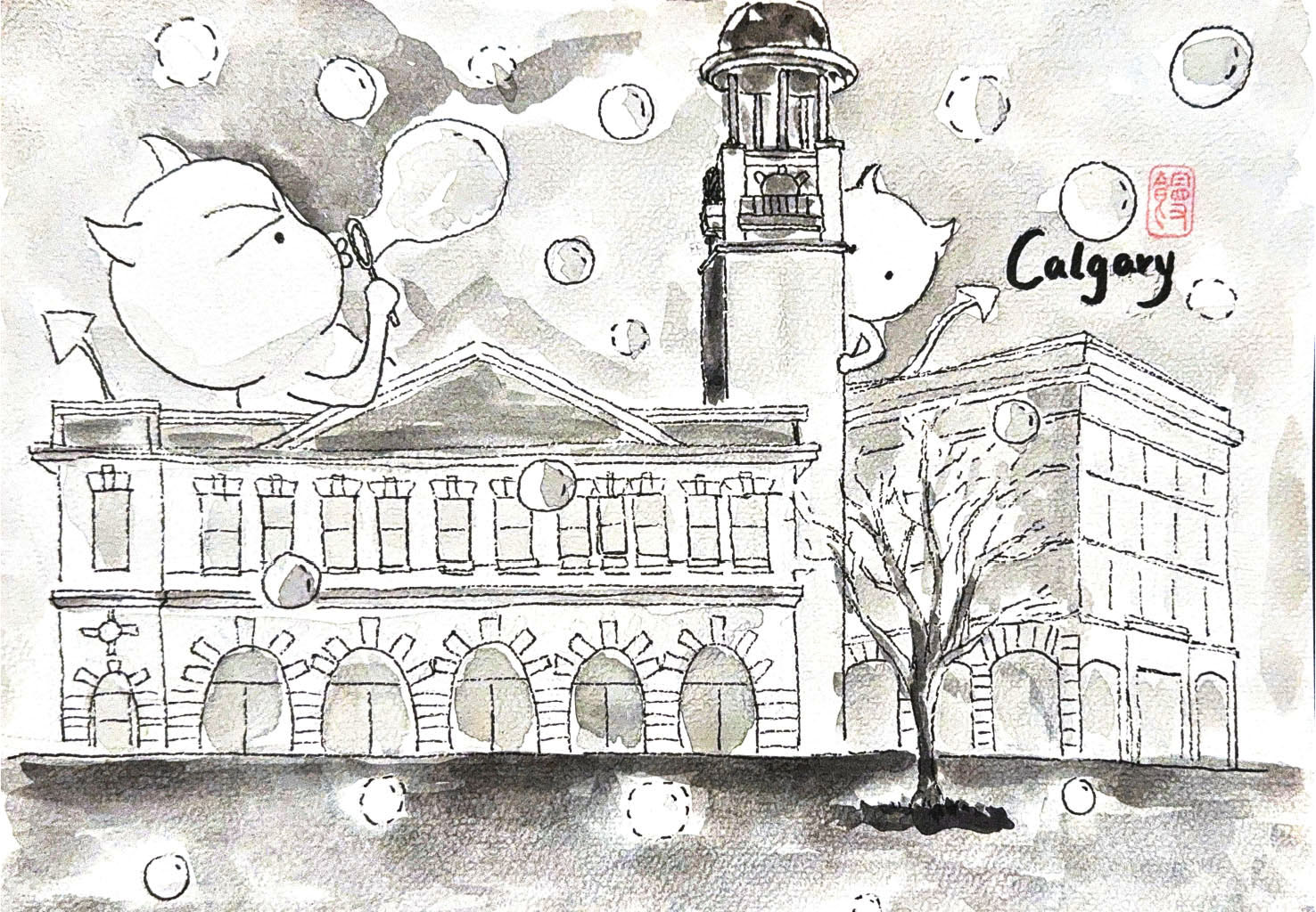Black-and-white watercolor drawing of historic building and bubbles